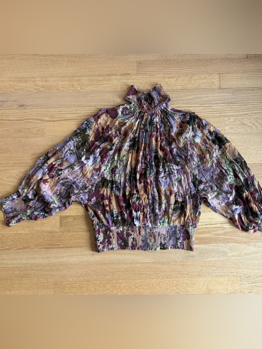 RAGA Floral Smocked High-Neck Blouson Top in Mauve, Green and Taupe